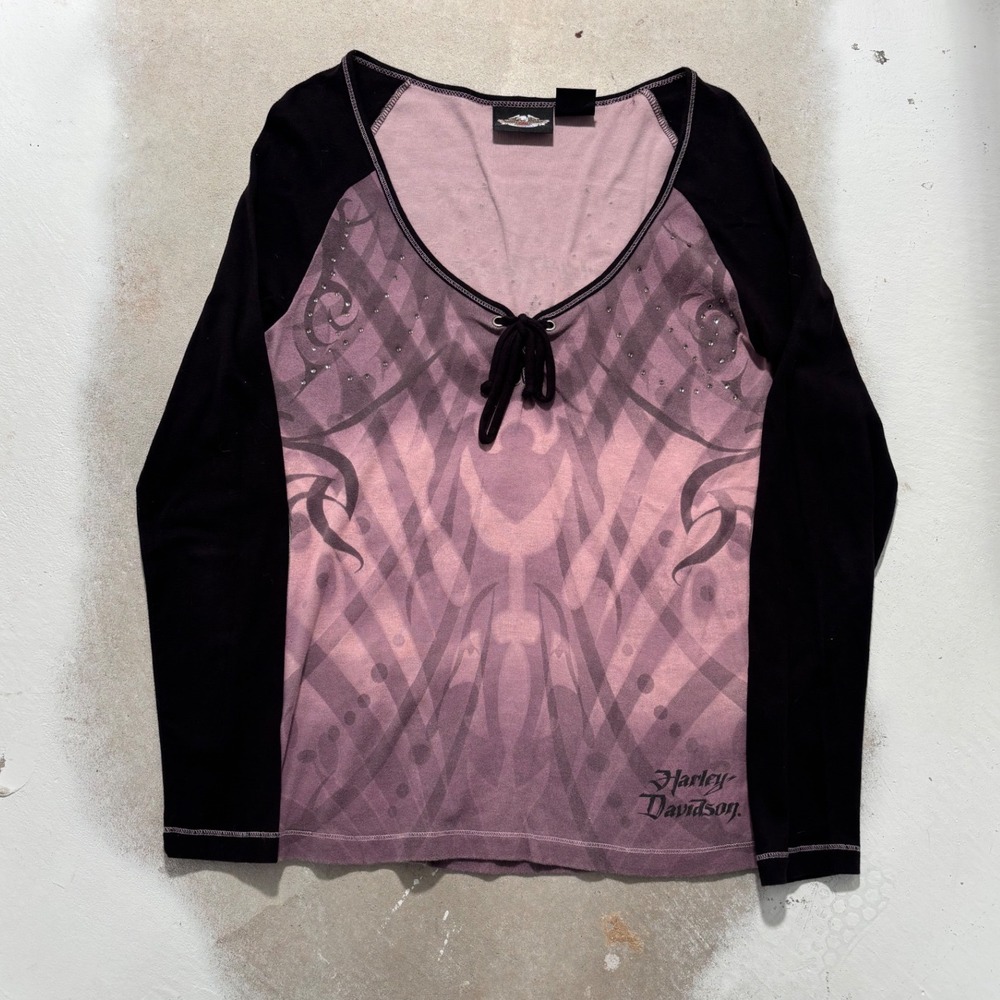 Harley Davidson Womens Purple Tribal Graphic Lace Up Raglan Long Sleeve Shirt M